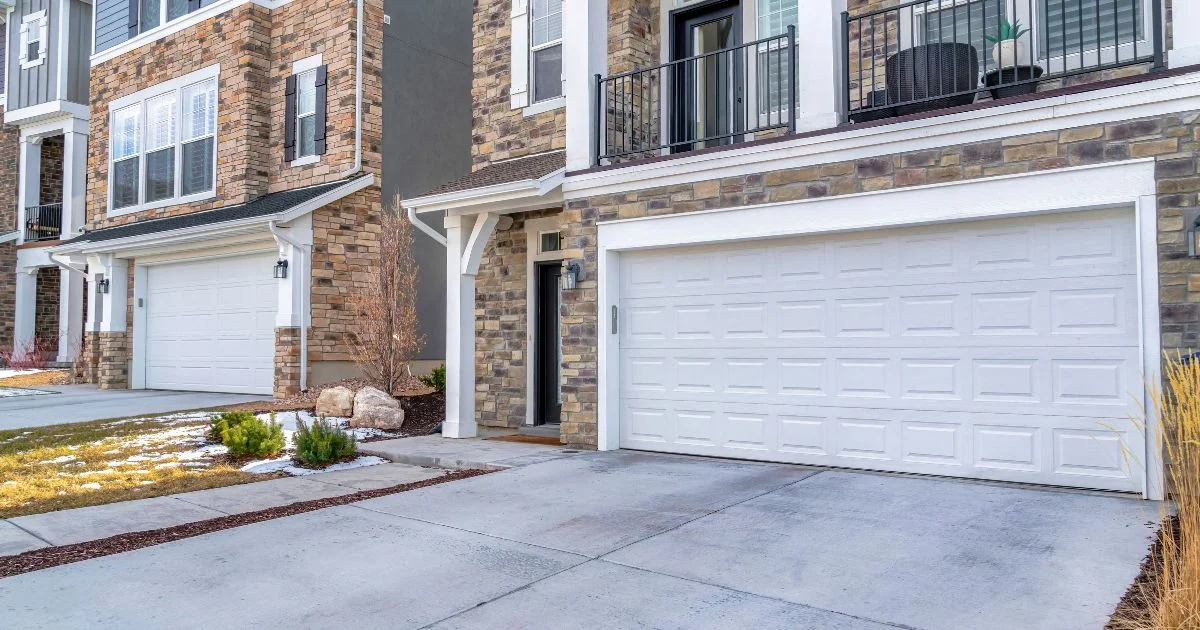 Townhomes featuring white double garage doors